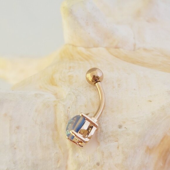 Synthetic Blue Opal Glitter Rose Gold Steel Navel Ring Belly Button 14G Jewelry - Picture 2 of 6